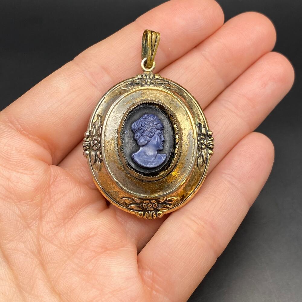 Vintage CORO Cameo Locket Blue Pendant Greek Roman Signed RARE